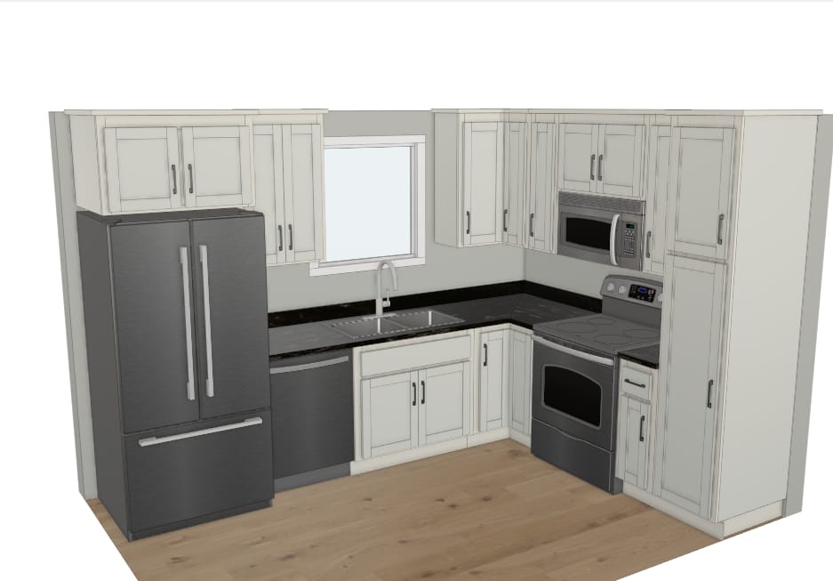 3D design rendering of a white shaker kitchen prepared by Kraftwood LLC before the build